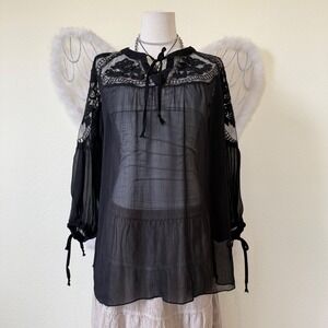 Dark Romantic Mori Girl Whimsygoth Black Lace Embroidered Sheer Peasant Blouse